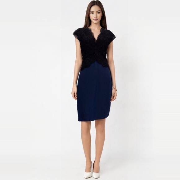Reem Acra Navy Silk-faille & Black Lace Dress - Picture 16 of 16